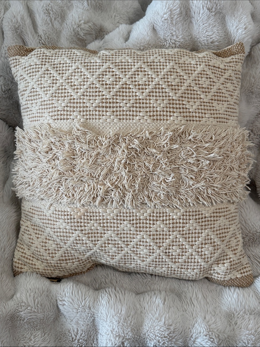 Cozy Cream Textured Throw Pillow with Shag Accent